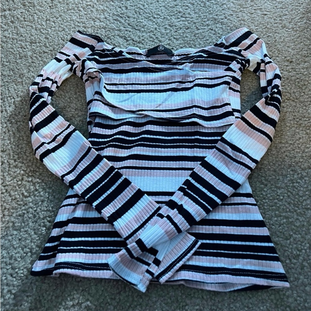 Missguided Pink and Black Striped Off-Shoulder Top